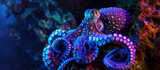 Fototapeta Przestrzenne - Octopus with neon violet and pink marbled skin moves among coral in an ocean shallow. Big monster creature with tentacles whip around as it scuttles through the aquatic landscape.