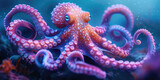 Fototapeta Przestrzenne - Giant Octopus in underwater. Kraken monster and sunken ship in deep ocean with mystic atmosphere