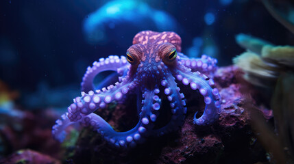 Wall Mural - Octopus with neon violet and pink marbled skin moves among coral in an ocean shallow. Big monster creature with tentacles whip around as it scuttles through the aquatic landscape.