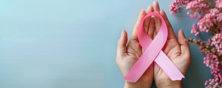 Pink ribbon symbolizing breast cancer awareness. The pink ribbon is held by a person's hand. The image conveys a message of support and solidarity for those affected by breast cancer