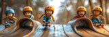 A 3D animated cartoon render of smiling kids riding skateboards down ramps.
