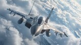 Fototapeta  - The tactical fighter jets fly in close formation, cutting through the sky above textured clouds, a display of precision and teamwork.