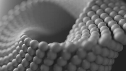 Looping 3D animation of the rotation of a Mobius geometric figure. The geometry is built from a spherical array of shapes. Close-up. Defocus.