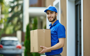 smiling courier delivery man wearing blue uniform.