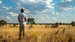 Man Contemplating the Sky and Clouds in the Savannah