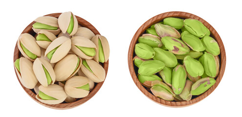 Wall Mural - pistachio in wooden bowl isolated on white background with full depth of field. Top view. Flat lay