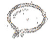 Speech bubble icon made from large group of miniature people figures. Concept of crowd opinion. Transparent background. Generative AI