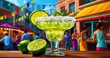 Illustrate a scene of a vibrant street fiesta with refreshing margaritas served alongside the sizzling tacos. Capture the ultra-realistic details of the margarita glasses-AI Generative