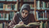 Fototapeta Sypialnia - Arabic woman taking notes preparing exam and learning lessons from a book at library.