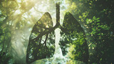 Fototapeta  - human lung in a silhouette double exposure. in the background is green forest and tree. stylish in the style of double exposure, Breathing in clean, fresh air concept