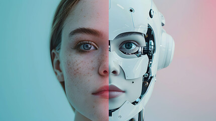 Two part of human and robot, robots that replace and help human work in business, investment, finance and industry, AI technology that has become a part of human life