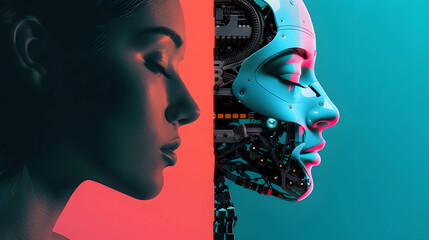 Two part of human and robot, robots that replace and help human work in business, investment, finance and industry, AI technology that has become a part of human life