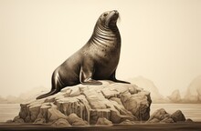 Sea Lion On A Rock At The Beach.
