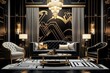 An opulent Art Deco interior with gilded accents, geometric patterns and luxurious materials. A glamorous living room featuring statement chandelier, mirrored furniture, and bold, contrasting colors.