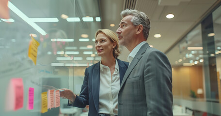 Wall Mural - two middle-aged business people in suits, standing at the glass wall inside an office with a whiteboard and sticky notes on it