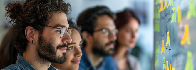 Wall Mural - A group of business people were gathered around a whiteboard in an office setting with green sticky notes on it