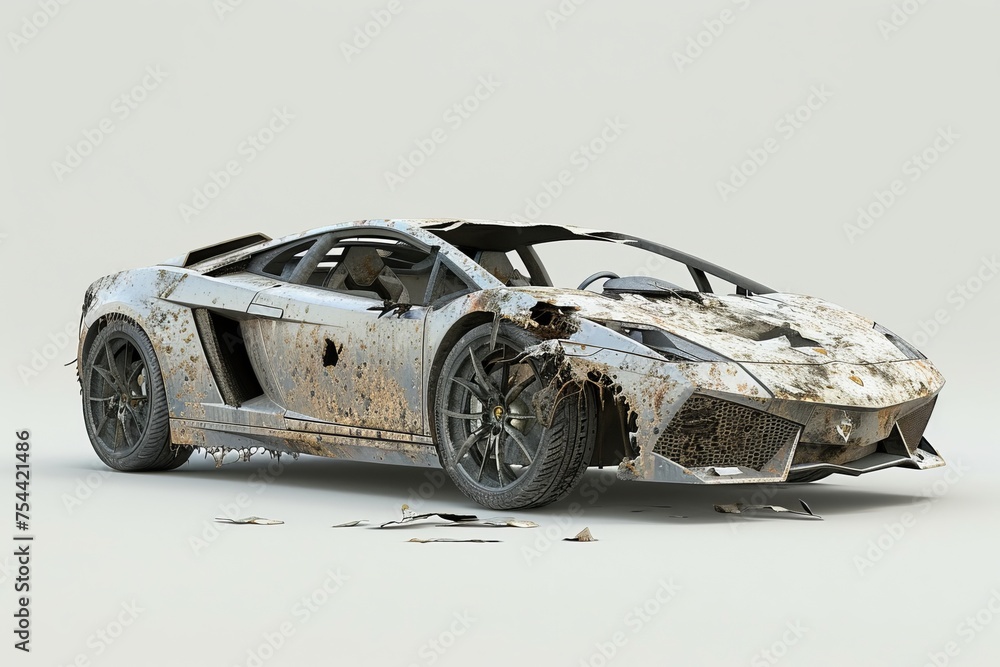 A very damaged and wrecked car, abandoned and deformed by accident and ...