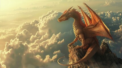 Poster - Big stunning golden dragon sit on rock, high above the clouds. Mystical magical creature from fairy tale. Sky background. Monster from legends and myths. Mystery wild animal from old medieval times.