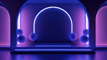 Sticker - Neon arc in blue and purple lights room. Abstract background for product display.