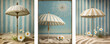 Set of vintage illustrations of parasol on sandy beach with small flowers meadow. The feeling of summer and vacation.