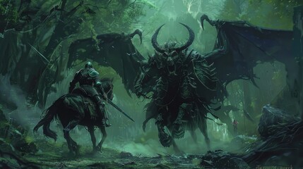 A knight on horseback with sword in hand rides towards an armored demon. The devil is flying and has horns and bat wings. Dark fantasy forest background