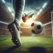 soccer player on the ball in action at stadium under spotlights generative by AI