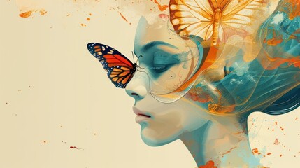 Illustration a woman with flying butterfly insect animal. AI generated image