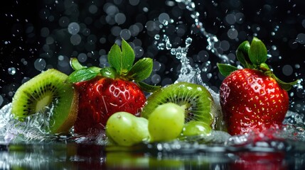 Wall Mural - Closeup healthy fruits vitamin strawberry, kiwi and grape on splash water dark background