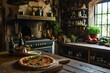cooking pizza with tomatoes process in rustic italian traditional restaurant kitchen in cabin 