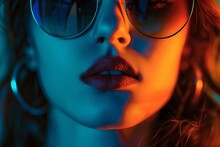 A Close Up Portrait Of A Woman, In A Studio With Red And Blue Lights, Warm And Cold, Cinematic Professional Photography Of A Beautiful Girl Face, Wearing Round Circle Sunglasses Glasses, AI Generated