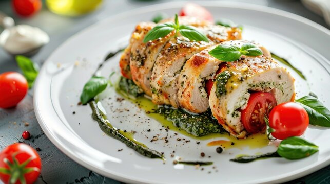 Tasty hot Italian Chicken Roll with sauce pesto, cheese and tomatoes on a white plate decoration
