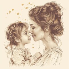 Wall Mural - Tender beautiful illustration of a young mother with her little daughter. Motherhood concept