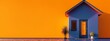 Vibrant violet house with orange accents against a warm orange background, representing creativity in real estate or property marketing.