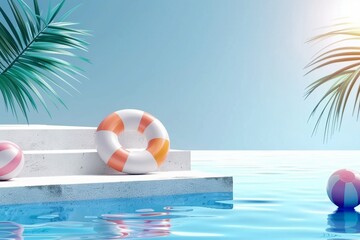 3d scene design for summer product display. Concrete stair podium with swimming ring and beach ball beside water. Concept of island beach or swimming pool. generative ai.