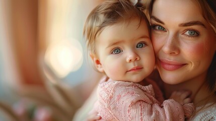 Wall Mural - Young beautiful mother tenderly hugs her little daughter, both look at the camera