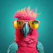 Cute parrot with pink hair and sunglasses on background