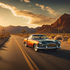 Wall Mural - A classic car on an empty desert road.