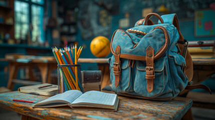 Wall Mural - School backpack and different colored school equipment on the table in a classroom