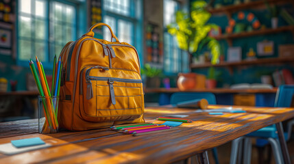 Wall Mural - School backpack and different colored school equipment on the table in a classroom