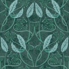 Naklejka na meble Seamless pattern in art nouveau style with leaves, bent stems, berries and flowers on a green background. Suitable for interior, wallpaper, fabrics, clothing, stationery.