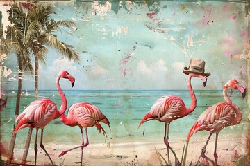 A charming assembly of flamingos donning quaint sun hats by the seashore, offering a nostalgic twist on a summer retreat.