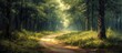 © FryArt - A painting depicting a sandy dirt road cutting through a dense forest, showcasing the beauty of nature in a tranquil setting.