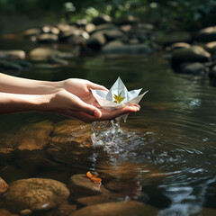 Poster - A pair of hands releasing a paper boat into a stream