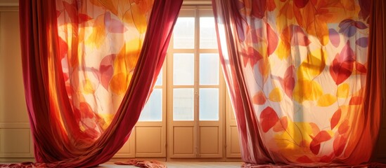 Sticker - A room featuring a window covered with a curtain. The curtain is drawn to the side, allowing sunlight to filter in. The room is simple and uncluttered, with a focus on the window area.