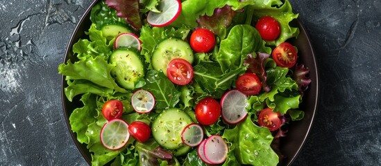Poster - Overhead view of a plate filled with fresh green salad, featuring vibrant tomatoes, crunchy cucumbers, and crisp lettuce leaves.