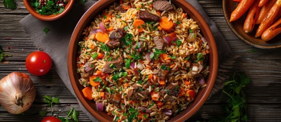 Poster - A top-down view of a bowl filled with rice and carrots placed on a wooden table.