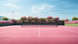 Pink tennis court and tennis net in front of plants with pink flowers on background.