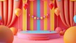 A vibrant, 3D-rendered circus tent scene with a central podium, colorful balloons, and decorative spheres against a striped backdrop, exuding a festive, playful atmosphere. Product Stand.
