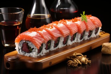 Beautifully arranged japanese sushi rolls with chopsticks and condiments on traditional tableware