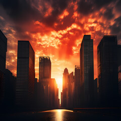 Poster - Silhouettes of skyscrapers against a sunset sky.